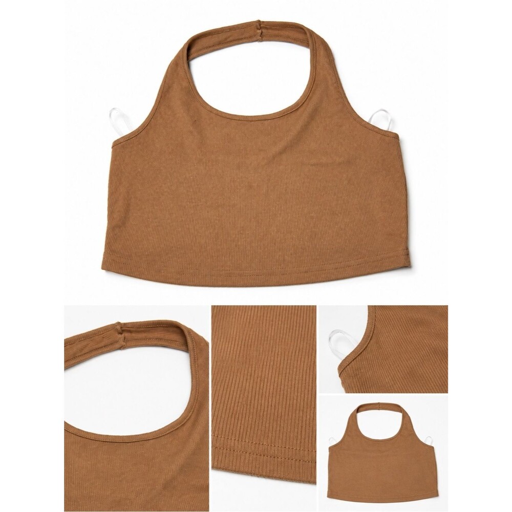 Beige Halter Crop Top | Ribbed Minimal Basic | Size Small